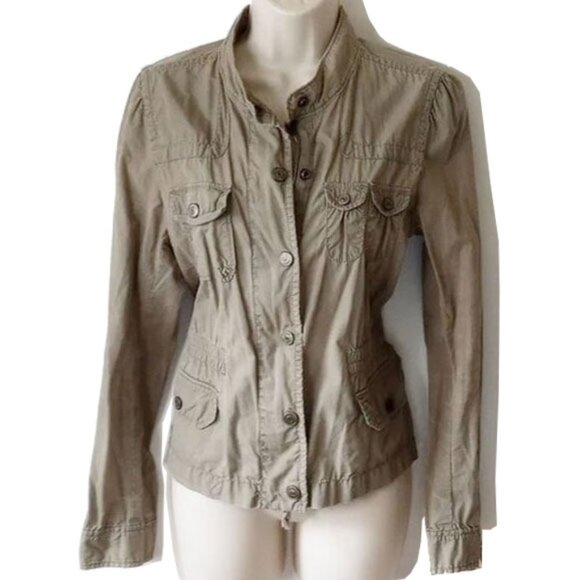 *50off3* Ann Taylor Loft 100% Cotton Zip Snap Utility Jacket M Khaki Military - Picture 1 of 4